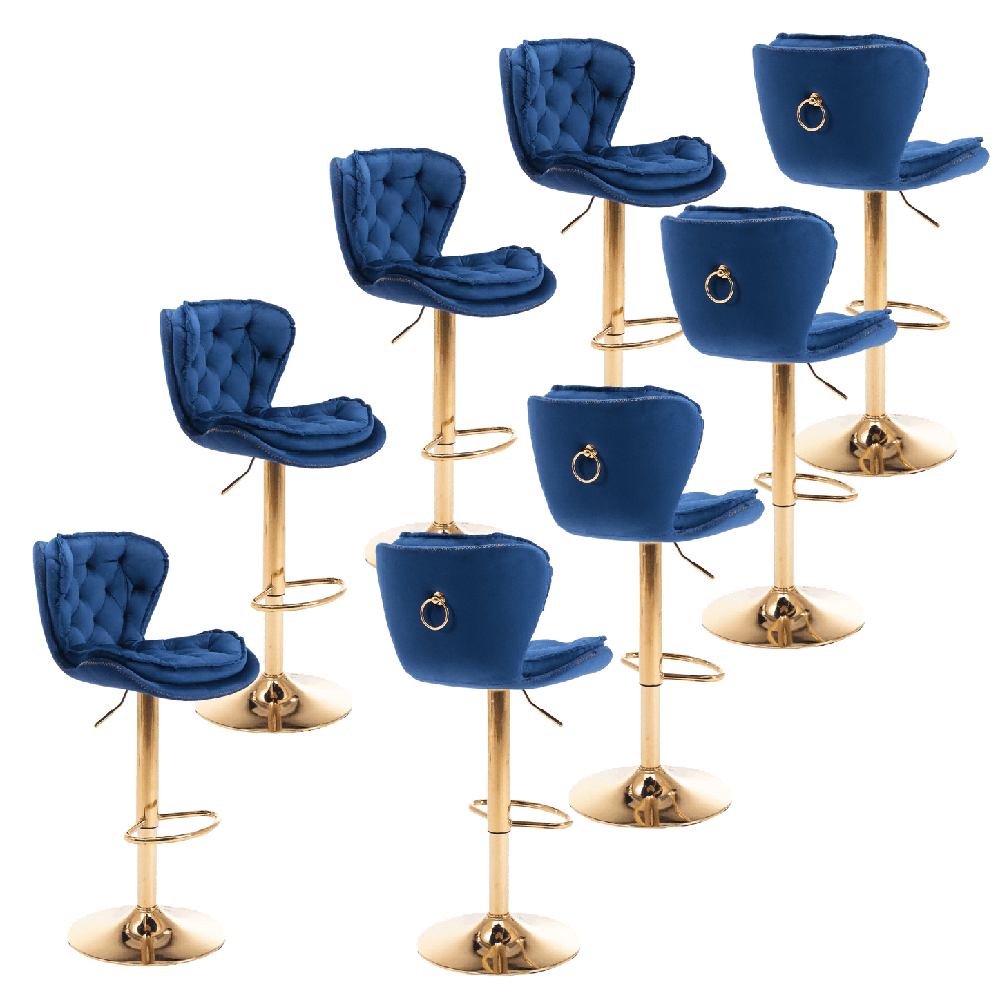 24-33Inch Velvet Stools, Counter Height Adjustable Swivel Barstools High Bar Chairs with Back & Golden Metal Base, Stools Chair Footrest for Kitchen Island, Cafe, Bar, Bar Counter(Navy Blue,Set of 8)