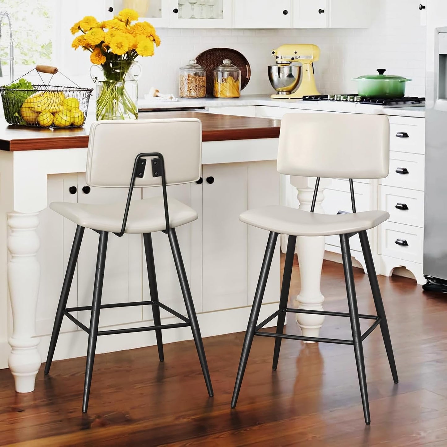 Dycanpo 24.5in Counter Height Bar Stools Set of 2, Faux Leather Upholstered Barstools, White