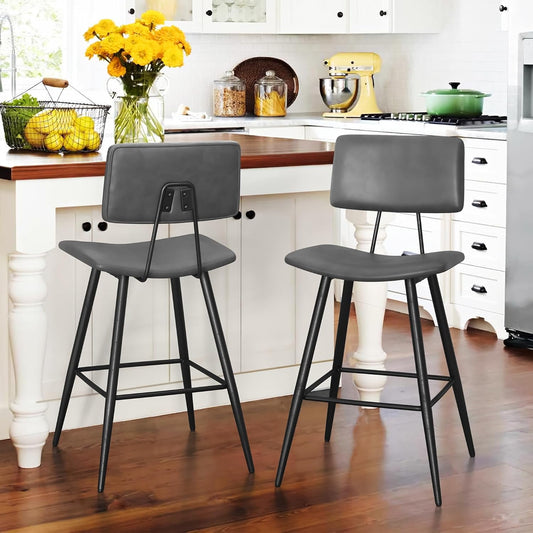 Dycanpo 24.5in Counter Height Bar Stools Set of 2, Faux Leather Upholstered Barstools, Gray
