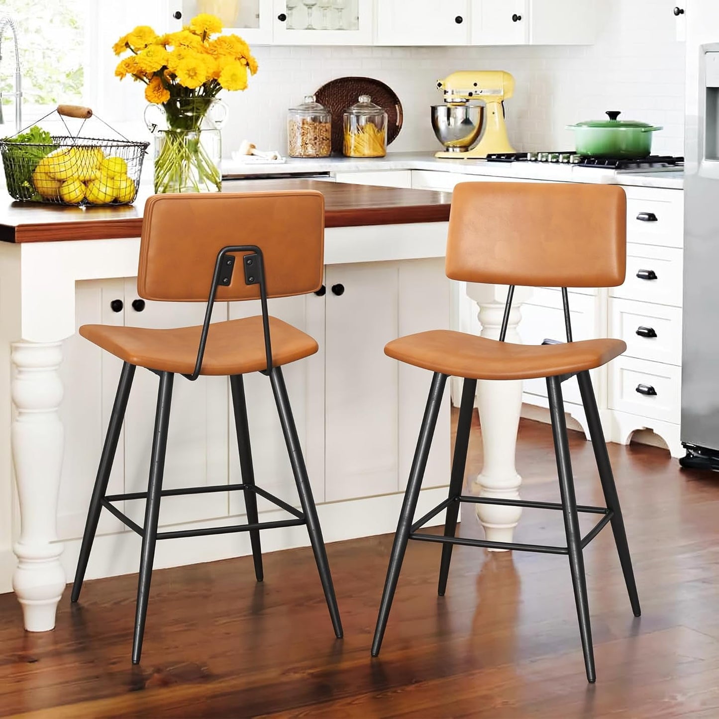Dycanpo 24.5in Counter Height Bar Stools Set of 2, Faux Leather Upholstered Barstools, Brown