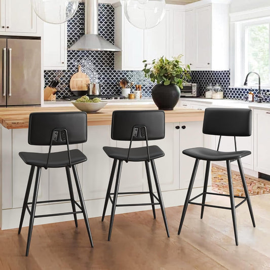 Dycanpo 24.5in Counter Height Bar Stools Set of 3, Faux Leather Upholstered Barstools, Black