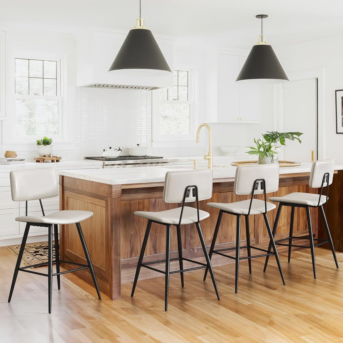 Dycanpo 24.5in Counter Height Bar Stools Set of 4, Faux Leather Upholstered Barstools, White