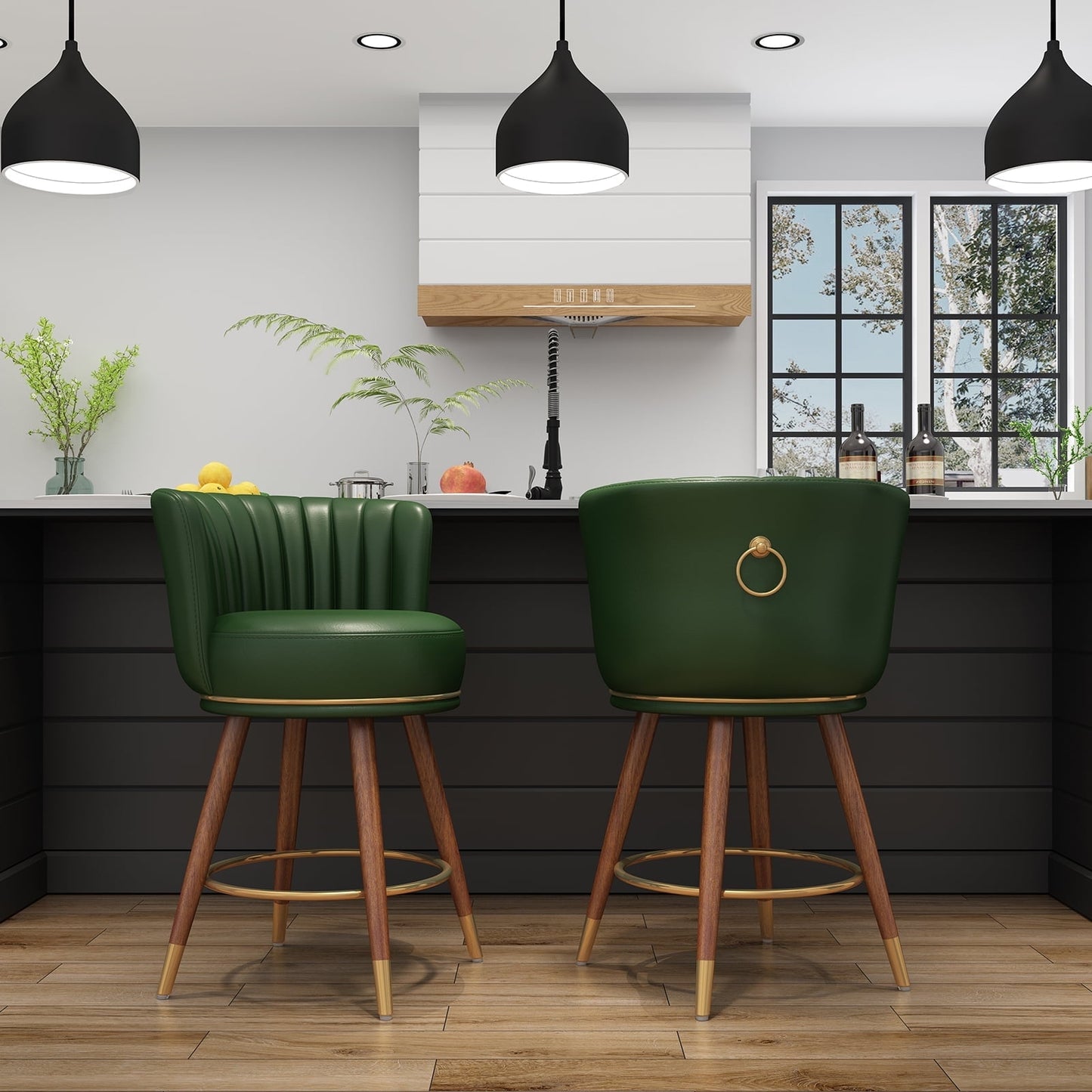 HomeZeer 24 Swivel Bar Stools Set of 2, Comfortable PU Leather Pub Chairs with Curved Back and Wood Legs, Green