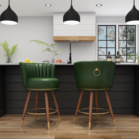 HomeZeer 24 Swivel Bar Stools Set of 2, Comfortable PU Leather Pub Chairs with Curved Back and Wood Legs, Green