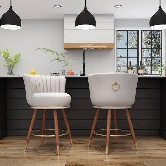 24 White Swivel Bar Stools Set of 2, Counter Height with Curved Back, Wood Legs