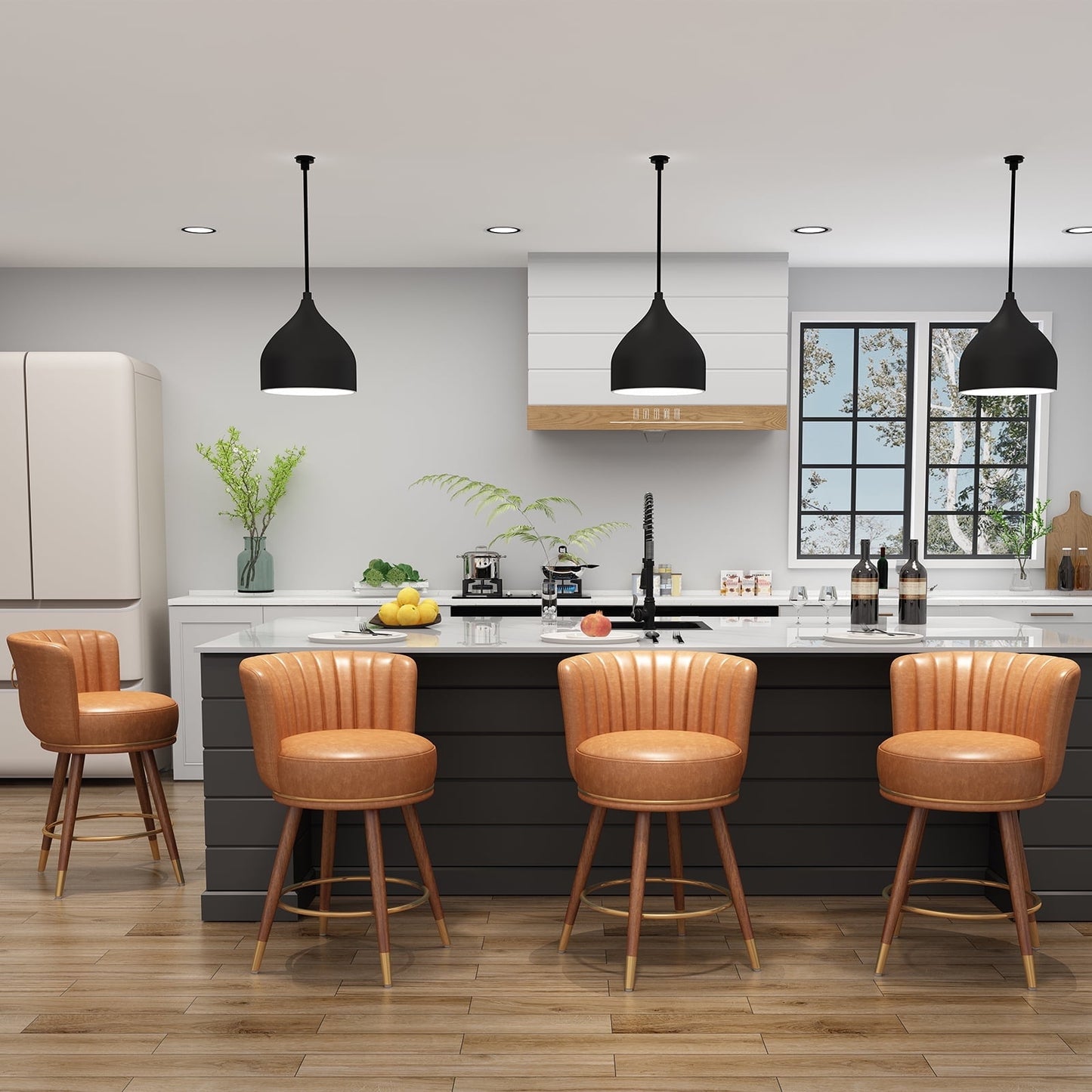 HomeZeer 24 Swivel Bar Stools Set of 4, Counter Height, Curved Backrest, Wood Legs, Brown