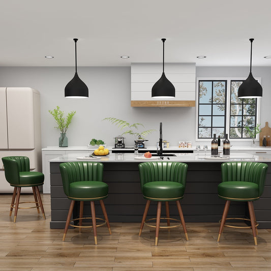 Leather 24 Bar Stools Set of 4 Swivel Pub Chairs with Curved Back, Wooden Legs, Green