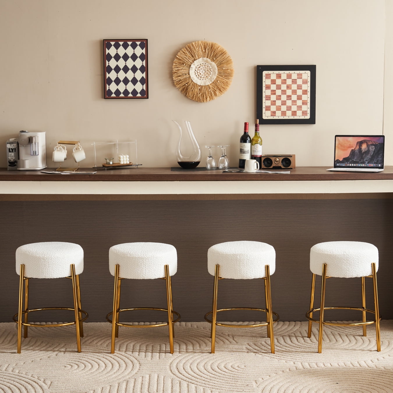 24in Round Bar Stools Set of 2,Counter Height Stools with Teddy Fabric Upholstered,Backless Kitchen Island Stools,Backless Dining Seat with Metal Base, Beige&Golden