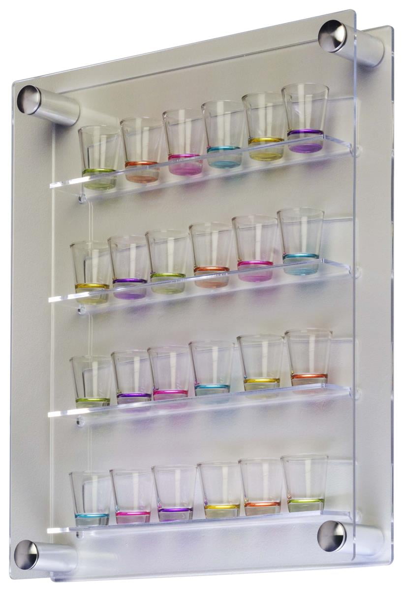 24 Shot Glass Display Case Holder, Side Loading, Transparent Acrylic with 4 Shelves, Includes Silver Standoffs for Wall Mounting (SMLCLDIS)