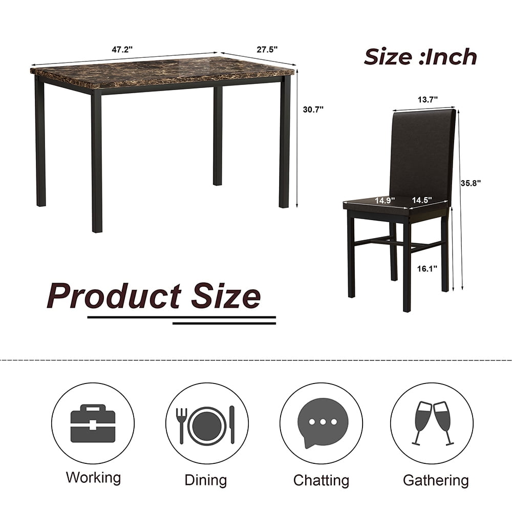 SEGAMRT 5 Piece Dining Table Set for Apartments, Faux Marble Tabletop 4 Leather Chairs Kitchen Dining