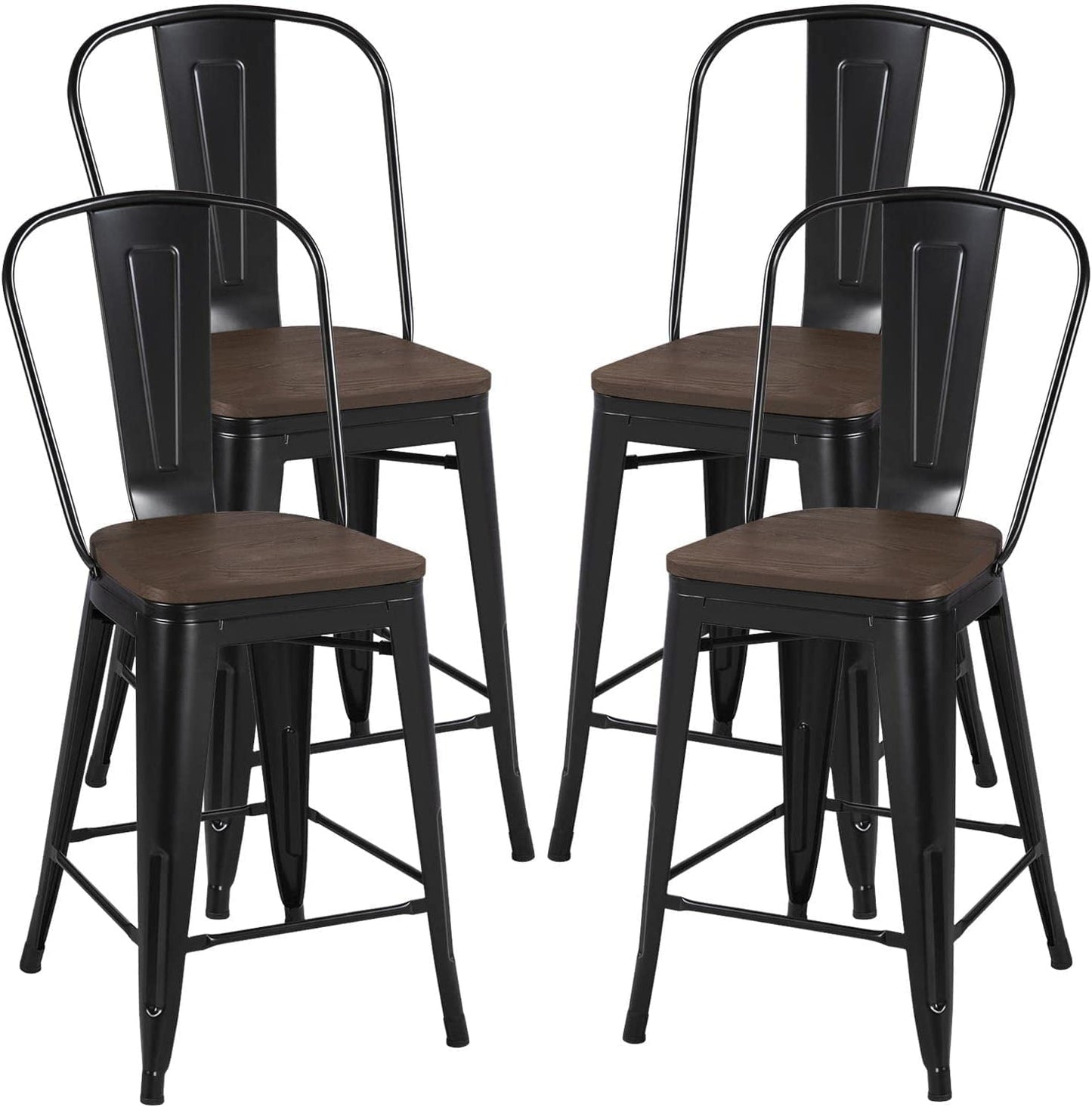 24Inch Seat Height Dining Stools Chairs with Wood Seat/Top and High Backrest, Industrial Metal Counter Height Stool, Modern Kitchen Dining Bar Chairs Rustic, Black, Set of 4
