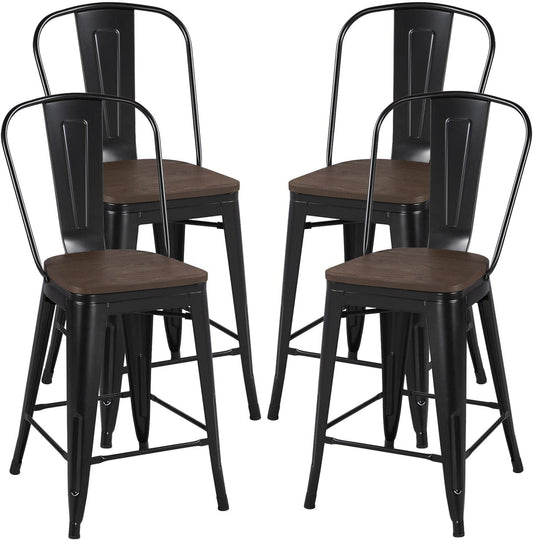 24Inch Seat Height Dining Stools Chairs with Wood Seat/Top and High Backrest, Industrial Metal Counter Height Stool, Modern Kitchen Dining Bar Chairs Rustic, Black, Set of 4
