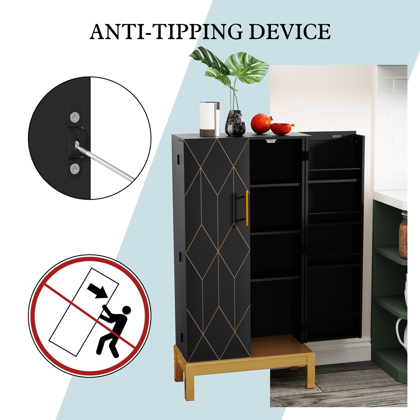 CBJCBJ 45in H Modern Kitchen Pantry Cabinet with 2-Door Adjustable Shelves and Golden Feet, White