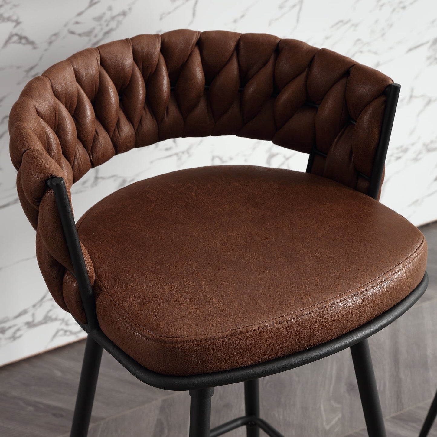 26in Bar Stool Set of 2, Modern Counter Height Barstools with Woven Back and Footrest, 180?? Swivel Suede Fabric Stool Chairs for Kitchen Island, Cafe, Pub, Brown