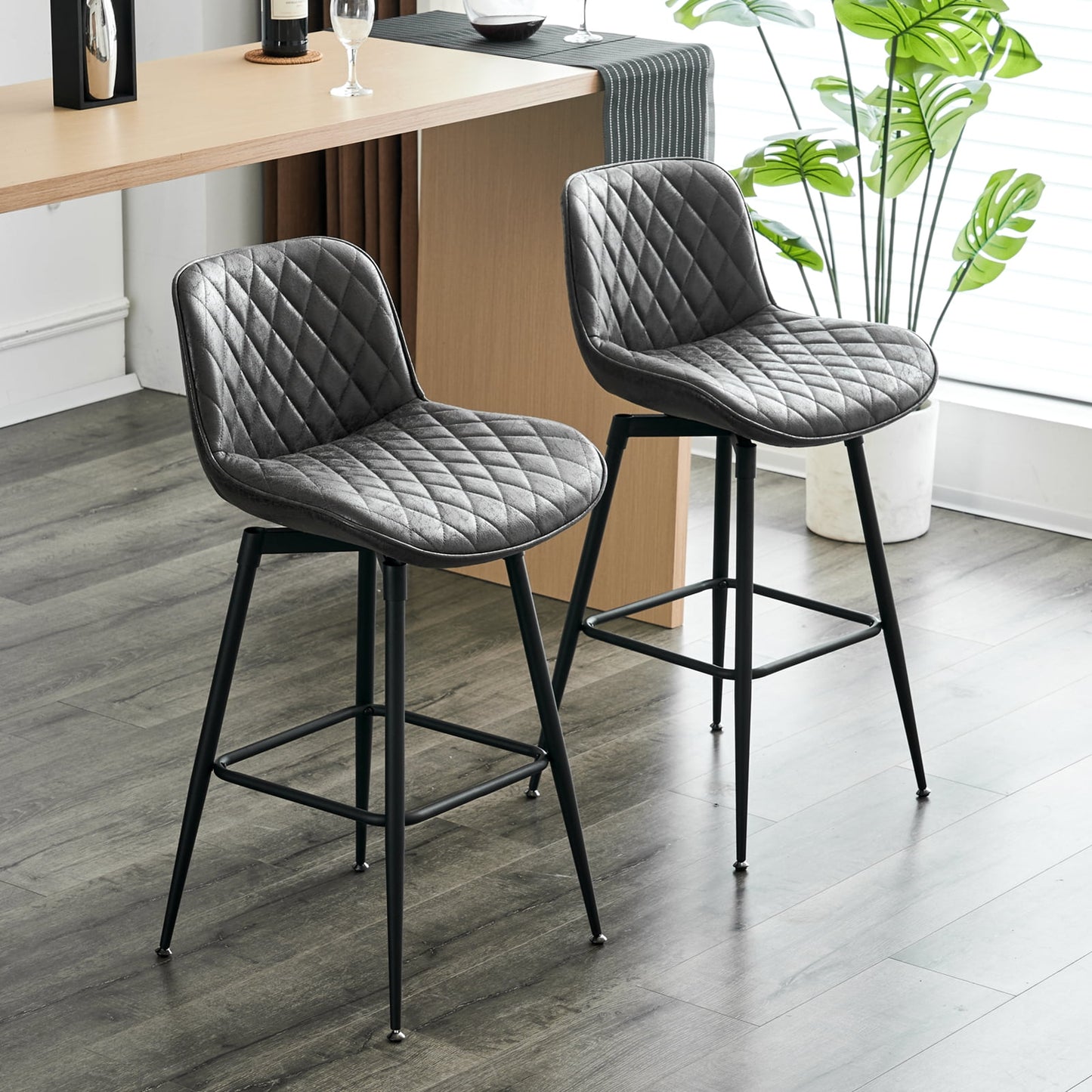 26in Bar Stools Set of 2, 360?? Swivel Counter Bar Stool with Back, Mid-Century Modern, Suede Fabric Barstool Chair for Kitchen Island, Bar Counter,Black Gray