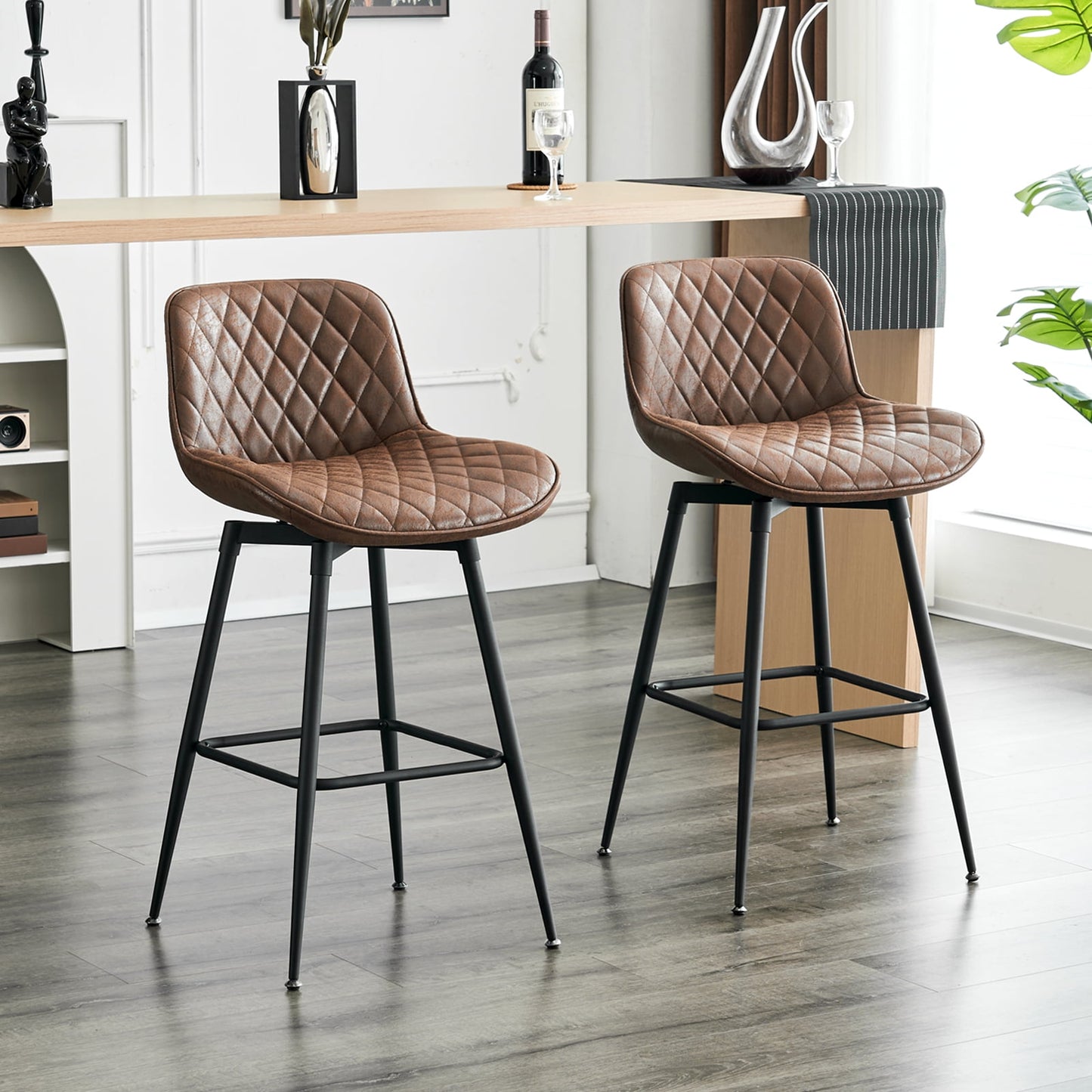 26in Bar Stools Set of 2, 360?? Swivel Counter Bar Stool with Back, Mid-Century Modern, Suede Fabric Barstool Chair for Kitchen Island, Bar Counter,Brown