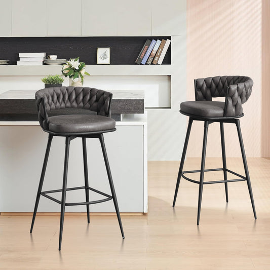 26in Bar Stool Set of 2, Modern Counter Height Barstools with Woven Back and Footrest, 180?? Swivel Suede Fabric Stool Chairs for Kitchen Island, Cafe, Pub, Blackgray