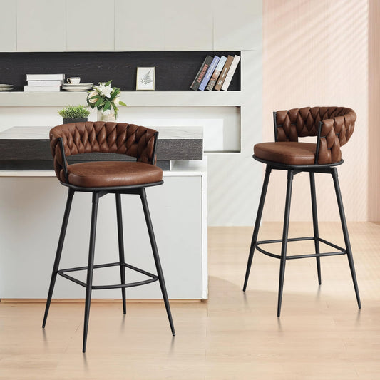 26in Bar Stool Set of 2, Modern Counter Height Barstools with Woven Back and Footrest, 180?? Swivel Suede Fabric Stool Chairs for Kitchen Island, Cafe, Pub, Brown