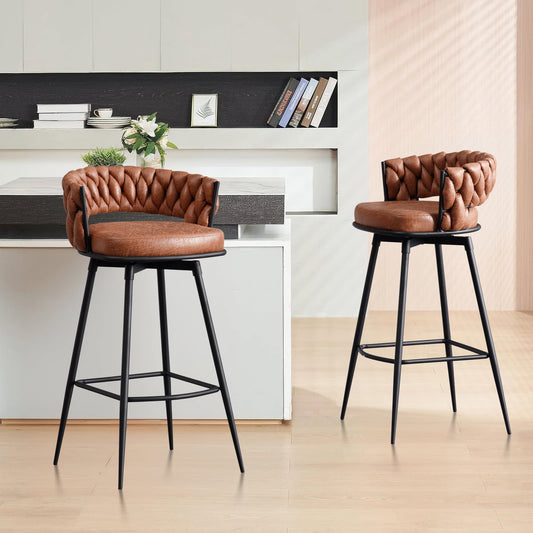 26in Barstool Set of 2, 180?? Swivel Upholstered Barstools, Counter Height Bar Stool with Woven Back and Footrest, Suede Fabric Bar Chairs for Kitchen Island Restaurants, Whiskeybrown