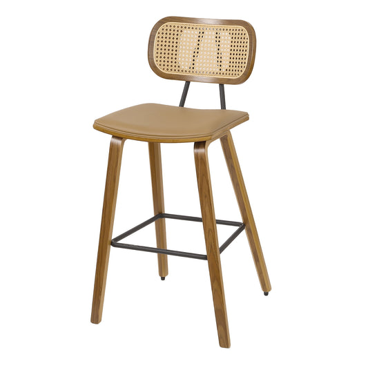 26in Counter Height Bar Stools with Rattan Back, Mid Century Modern Wooden Stool PU Leather Upholstered Bar Chair for Kitchen Island Dining Room, Light Brown