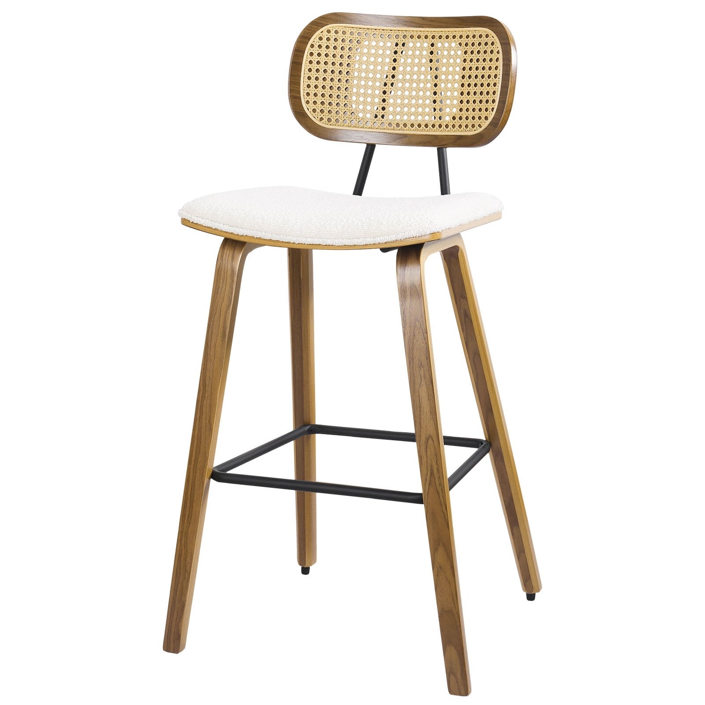 26in Counter Height Bar Stools with Rattan Back Set of 1, Mid Century Modern Wooden Stool Boucle Fabric Upholstered Bar Chair for Kitchen Island Dining Room