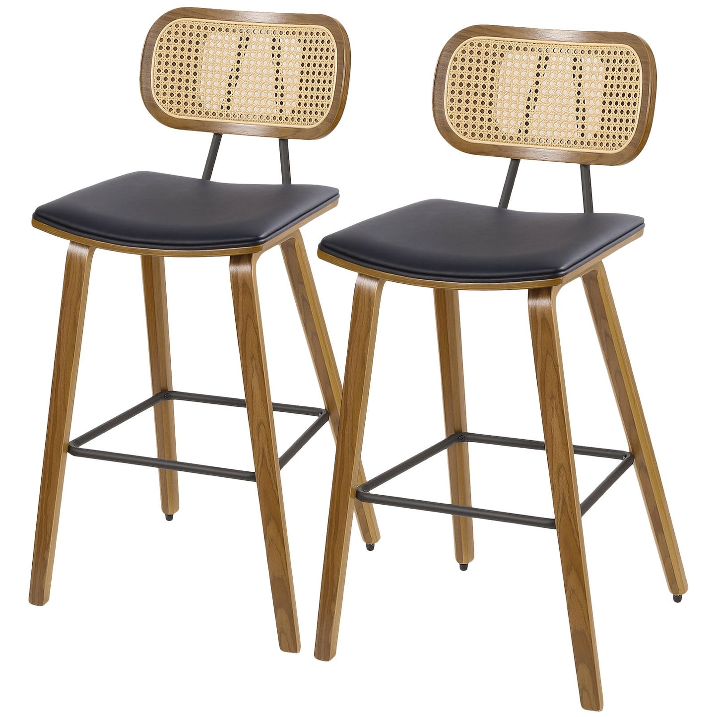 26in Counter Height Bar Stools with Rattan Back Set of 2, Mid Century Modern Wooden Stool PU Leather Upholstered Bar Chair for Kitchen Island Dining Room