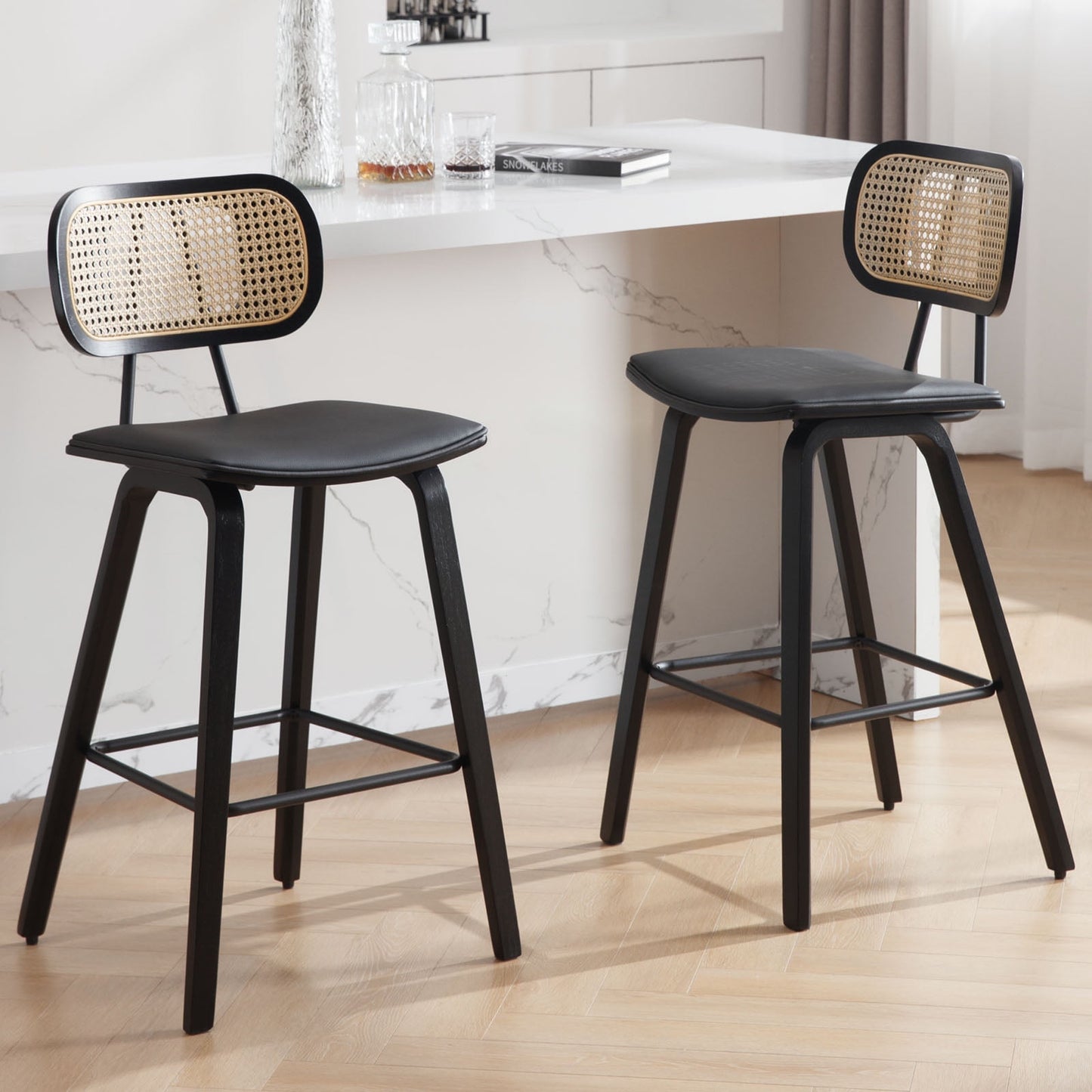 26in Counter Height Bar Stools with Rattan Back Set of 2, Mid Century Modern Wooden Stool PU Leather Upholstered Bar Chair for Kitchen Island Dining Room
