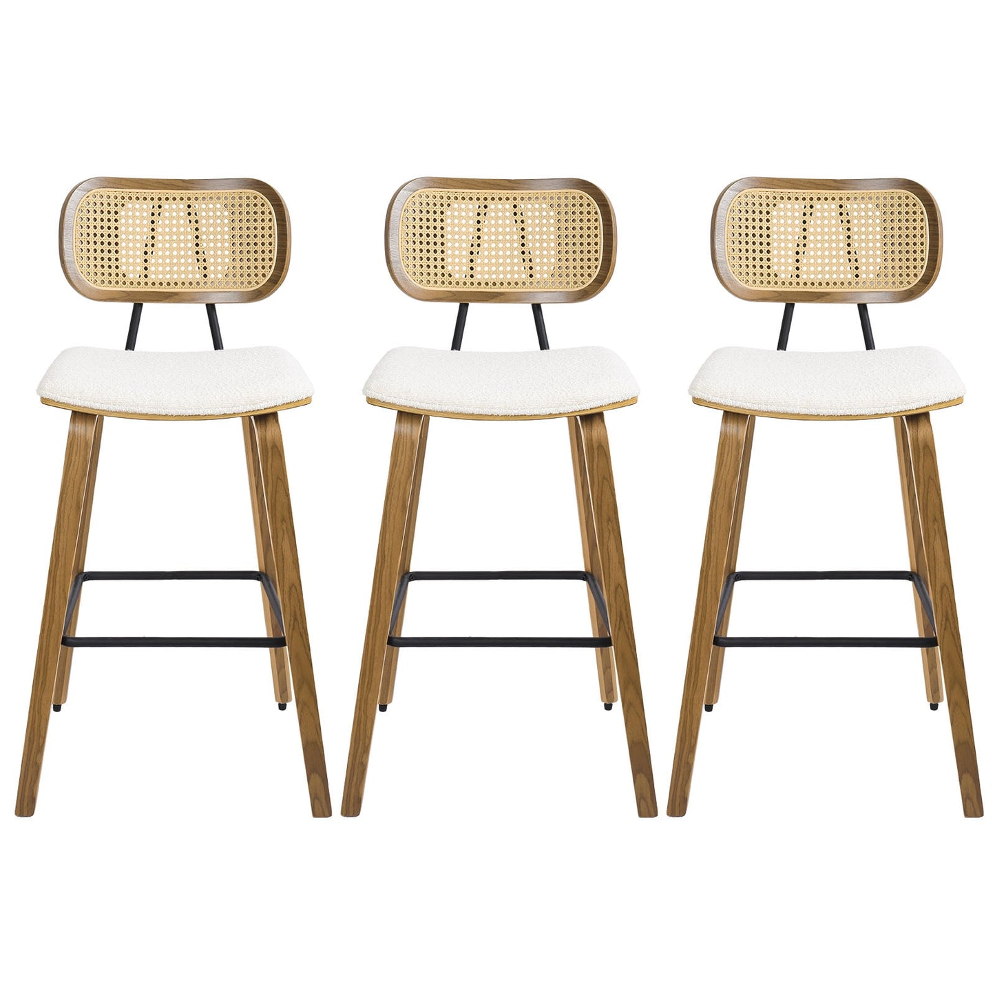 26in Counter Height Bar Stools with Rattan Back Set of 3, Mid Century Modern Wooden Stool Boucle Fabric Upholstered Bar Chair for Kitchen Island Dining Room