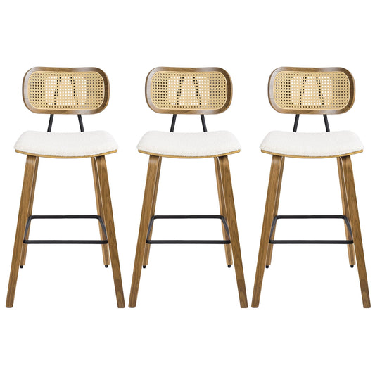 26in Counter Height Bar Stools with Rattan Back Set of 3, Mid Century Modern Wooden Stool Boucle Fabric Upholstered Bar Chair for Kitchen Island Dining Room