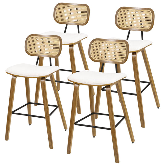 26in Counter Height Bar Stools with Rattan Back Set of 4, Mid Century Modern Wooden Stool Boucle Fabric Upholstered Bar Chair for Kitchen Island Dining Room
