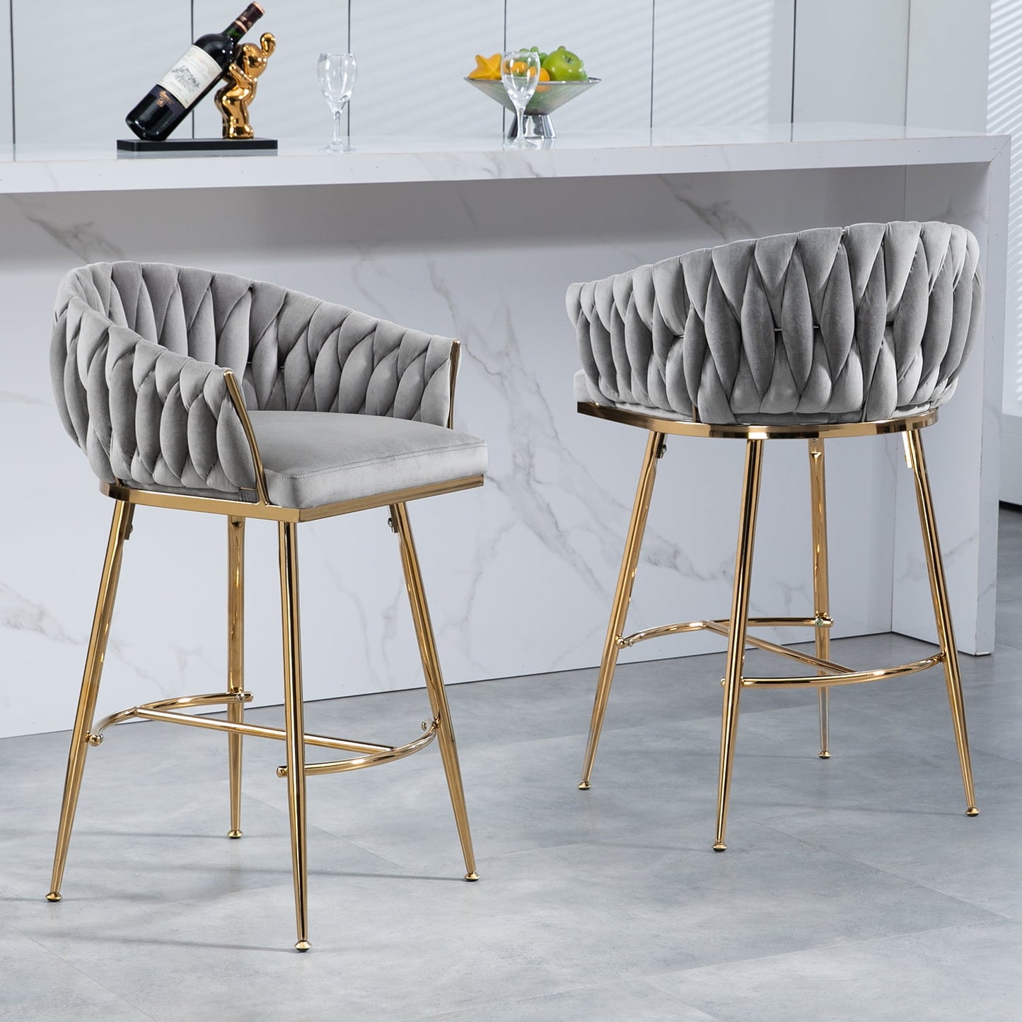 26in Counter height bar stools velvet kitchen island counter bar stool with hand- wave back,golden chromed base and footrest