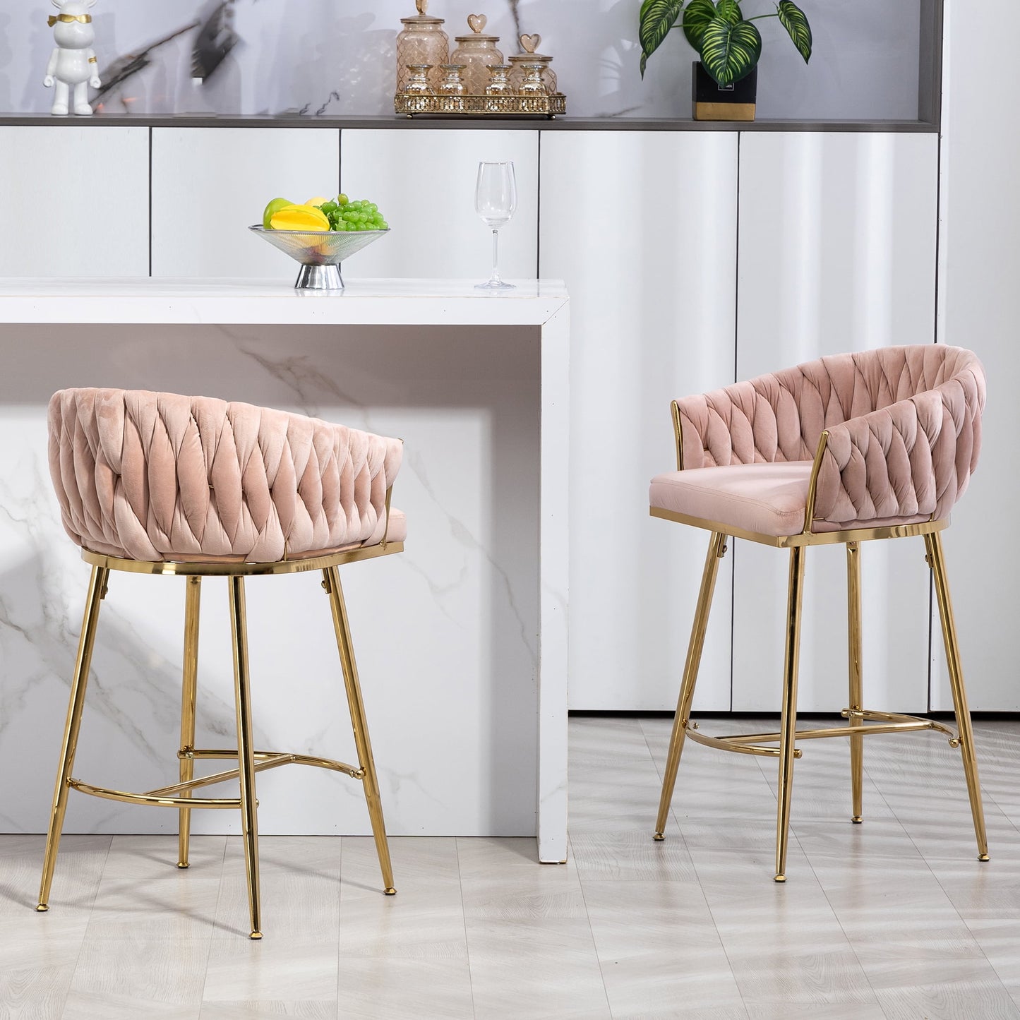 26in Counter height bar stools velvet kitchen island counter bar stool with hand- wave back,golden chromed base and footrest