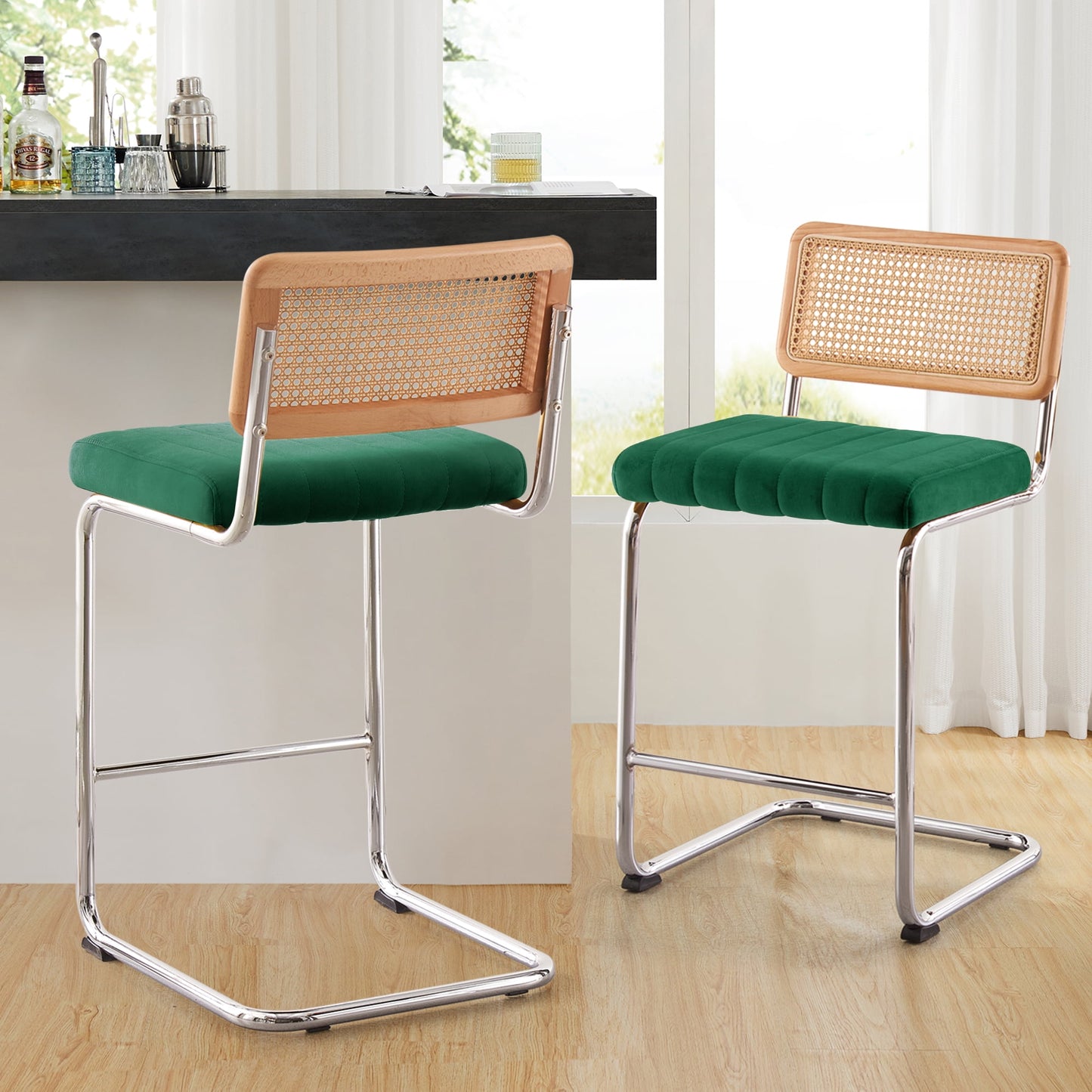 26in Rattan Bar Stools, Set of 2, Rattan Counter Height Velvet Armless Bar Stools with Cane Back for Home Office Kitchen Island