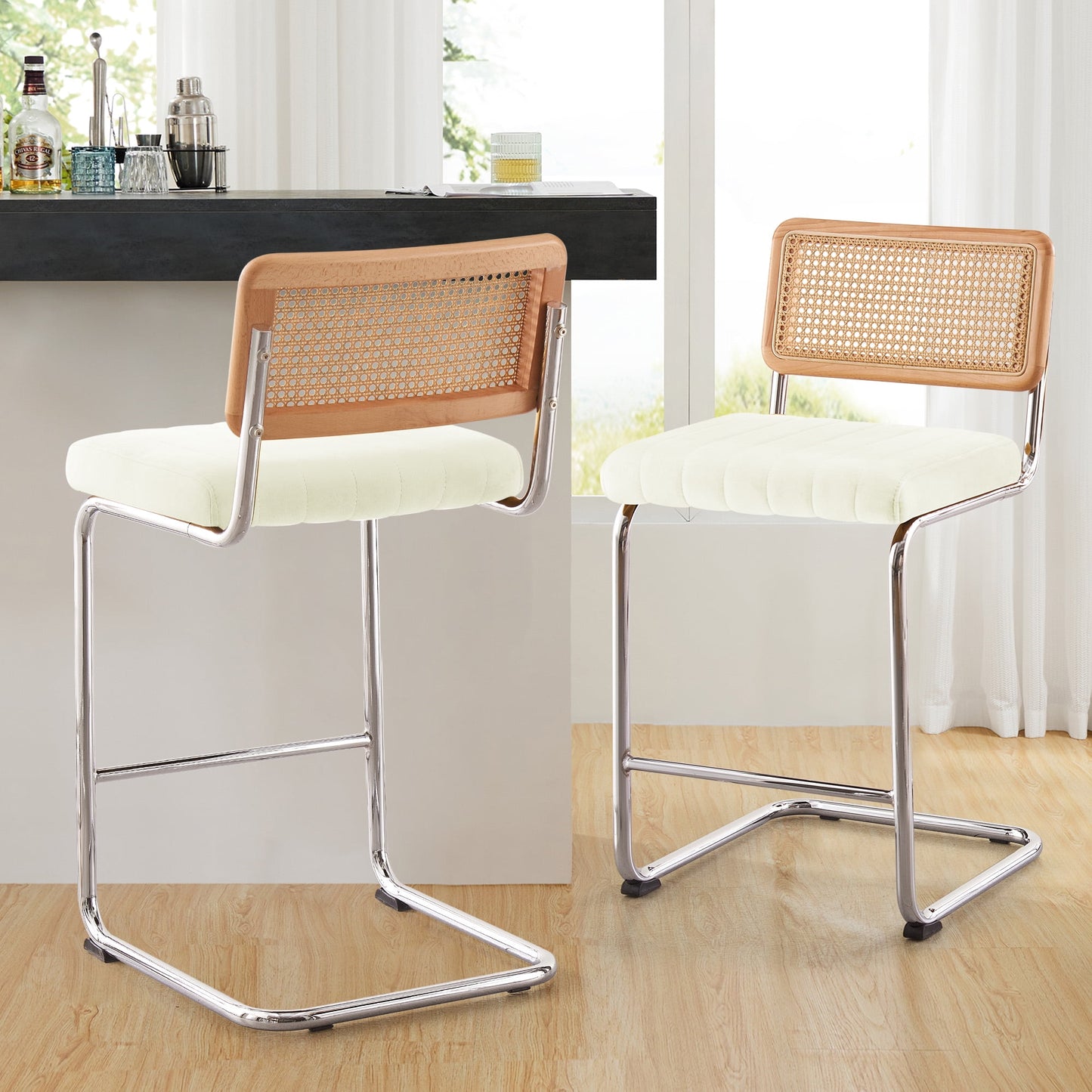 26in Rattan Bar Stools, Set of 2, Rattan Counter Height Velvet Armless Bar Stools with Cane Back for Home Office Kitchen Island