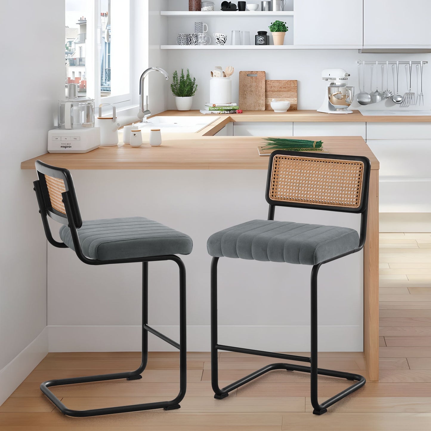 26in Rattan Counter Height Bar Stools, Set of 2, Velvet Armless Bar Stools with Cane Back Mid Century Modern Chair for Home Office Kitchen Island