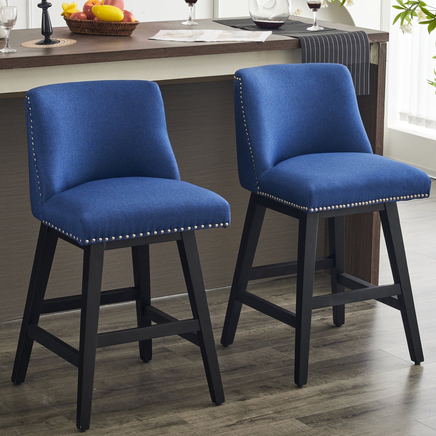 26in Swivel Bar Stools Set of 2, Counter Height Barstools with Nailhead Trims Back, Upholstered Bar Chairs with Wood Legs and Footrest, for Kitchen Island Bar Cafe, Blue
