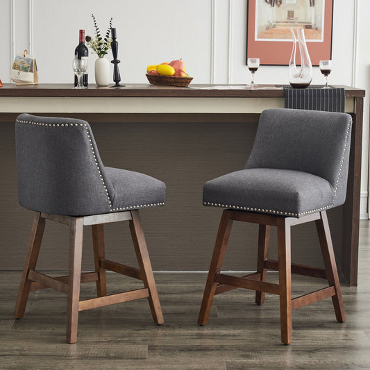 26in Swivel Bar Stools Set of 2, Counter Height Barstools with Nailhead Trims Back, Upholstered Bar Chairs with Wood Legs and Footrest, for Kitchen Island Bar Cafe, Gray