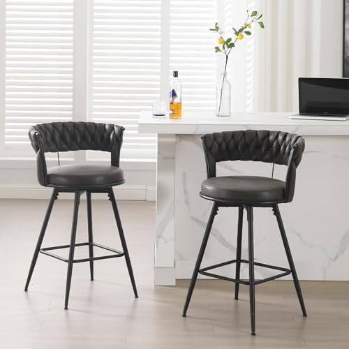 26 inch Bar Stool Set of 2, 360?? Swivel Counter Barstool with Backrest, Upholstered Hand-Woven Barstool, Modern Bar Chair with Footrest ,Black gray