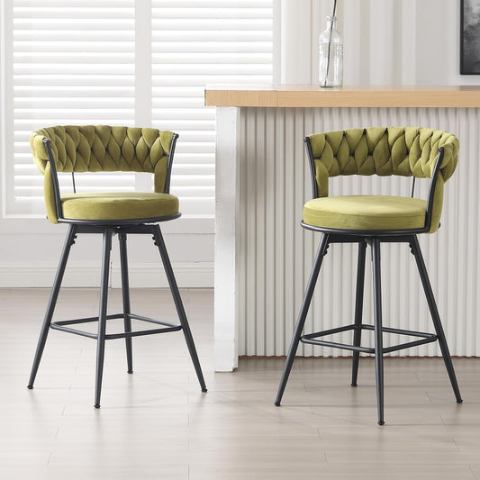 26 inch Bar Stool Set of 2, 360?? Swivel Counter Barstool with Backrest, Upholstered Hand-Woven Barstool, Modern Bar Chair with Footrest ,Green