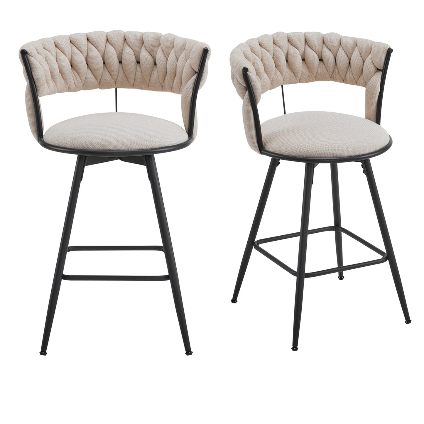 26 inch Bar Stool Set of 2, 360?? Swivel Counter Barstool with Backrest, Upholstered Hand-Woven Barstool, Modern Bar Chair with Footrest ,White