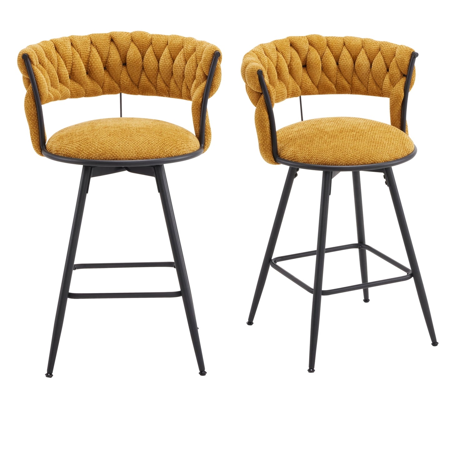 26 inch Bar Stool Set of 2, 360?? Swivel Counter Barstool with Backrest, Upholstered Hand-Woven Barstool, Modern Bar Chair with Footrest ,Yellow