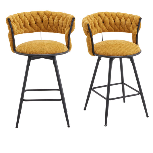26 inch Bar Stool Set of 2, 360?? Swivel Counter Barstool with Backrest, Upholstered Hand-Woven Barstool, Modern Bar Chair with Footrest ,Yellow