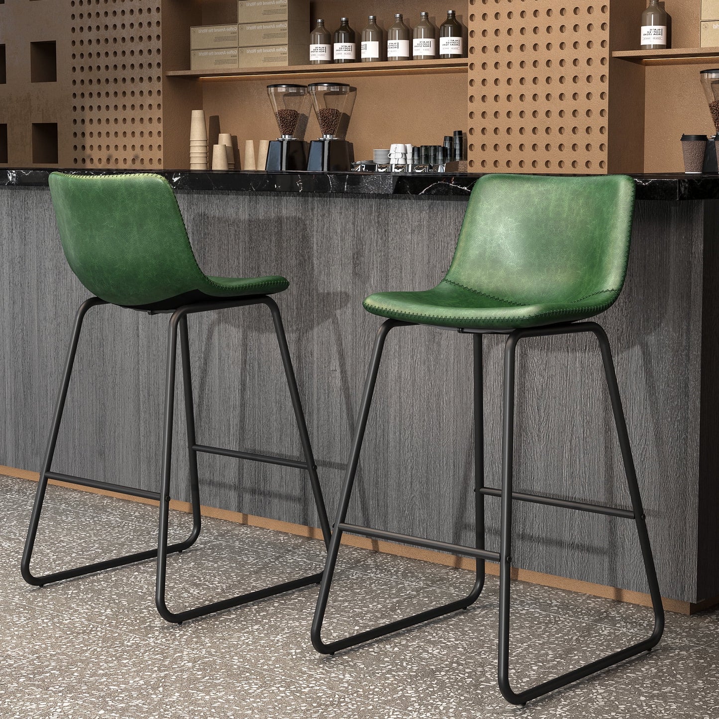 YaFiti Bar Stools 26in Faux Leather Counter Height Barstools with Back Set of 2, Modern Counter Stools with Metal Legs and Footrest, Armless Chairs with Back for Kitchen Living Room Pub, Green