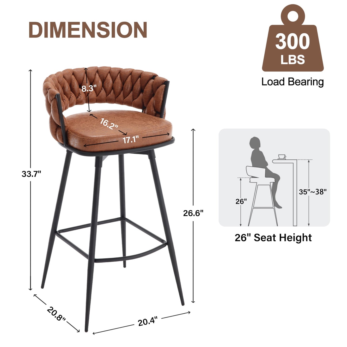 26in Barstool Set of 2, 180?? Swivel Upholstered Barstools, Counter Height Bar Stool with Woven Back and Footrest, Suede Fabric Bar Chairs for Kitchen Island Restaurants, Whiskeybrown