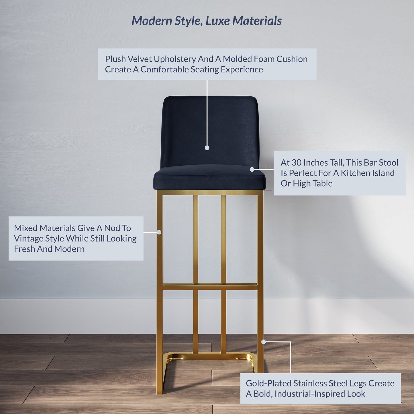 Belleze 30 inch Hutton Barstools Set of 2, Black Velvet Upholstered with Gold Frame, for Home & Restaurant