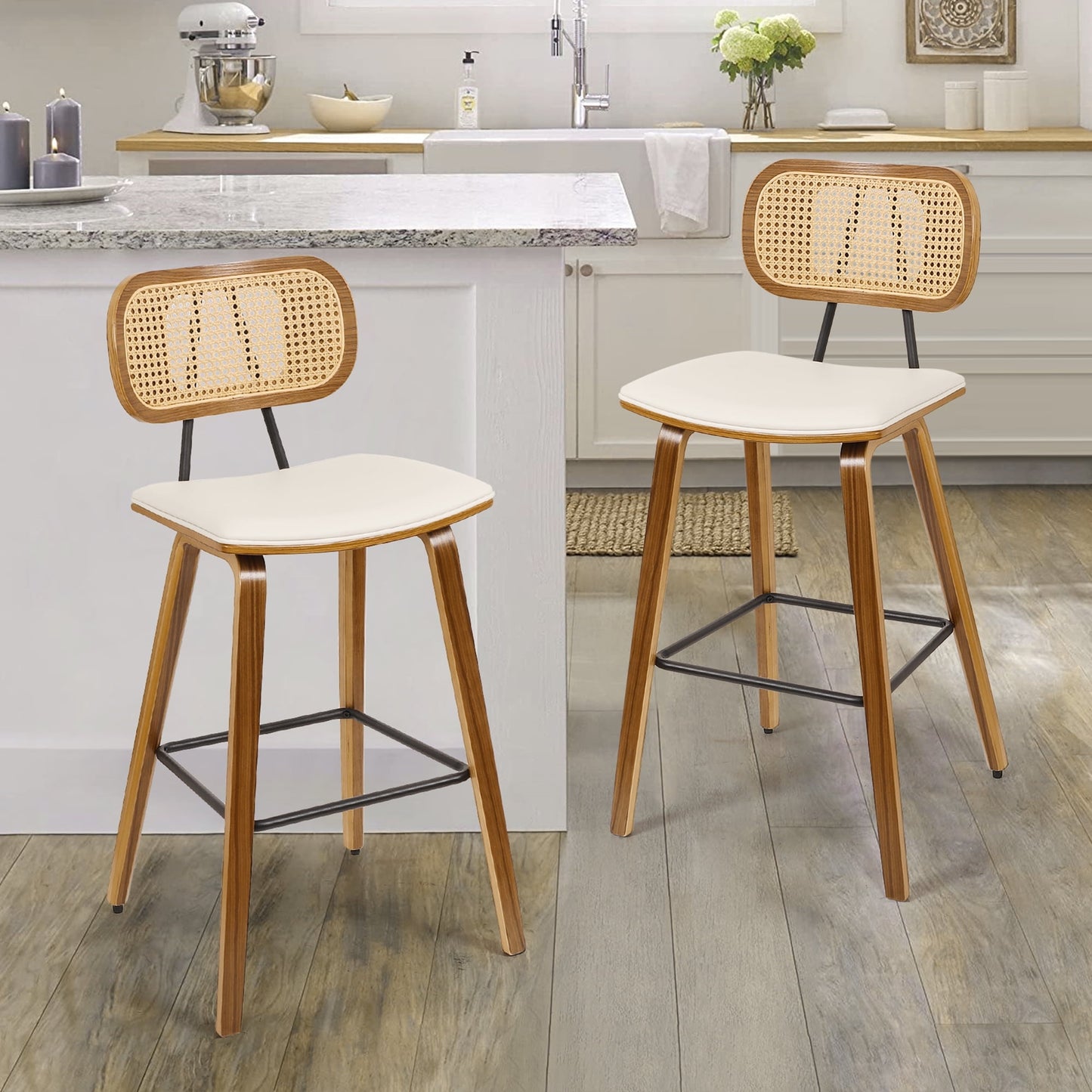 27.2in Counter Height Bar Stools with Rattan Back Set of 2, Mid Century Modern Wooden Stool PU Leather Upholstered Bar Chair for Kitchen Island Dining Room , White