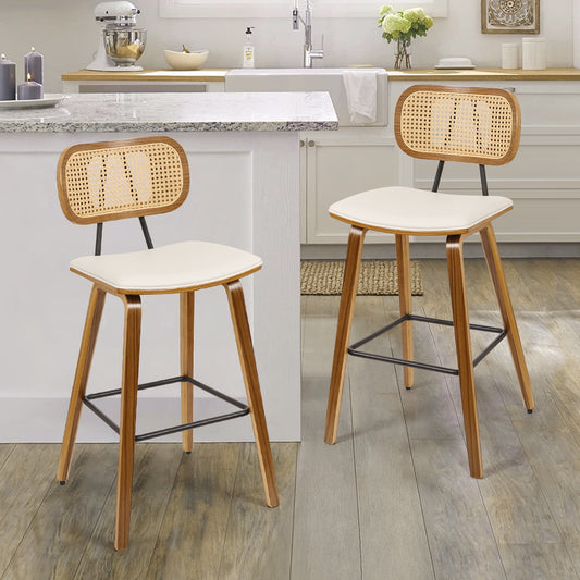 27.2in Counter Height Bar Stools with Rattan Back Set of 2, Mid Century Modern Wooden Stool PU Leather Upholstered Bar Chair for Kitchen Island Dining Room , White