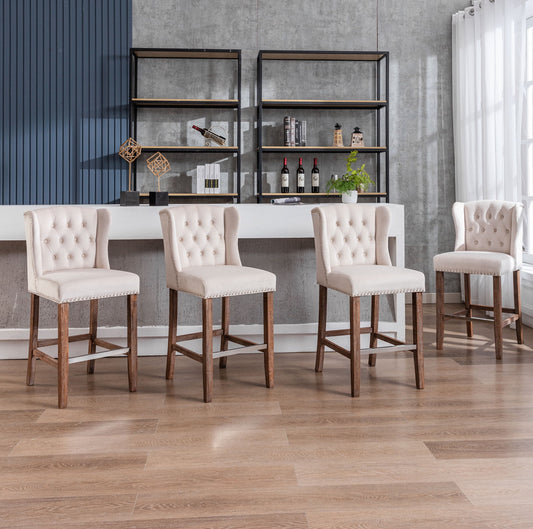 27in Padded Bar Stools, Tufted Velvet Upholstered Wing-Back Barstools with Nailhead Trim, Footrest and Solid Wood Legs, Comfy Button Tufted Counter Height Chairs with Tufted Back (Beige,Set of 4)
