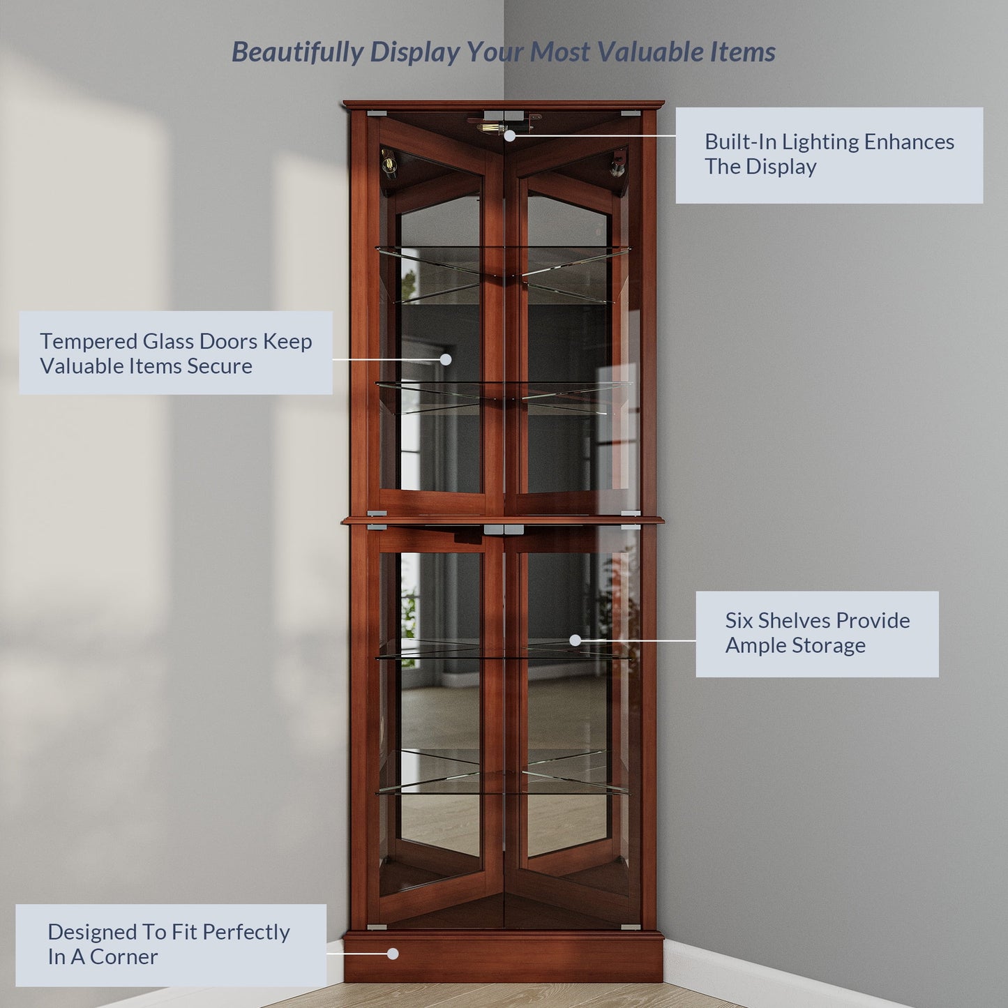 BELLEZE Woody Lighted Corner Curio Cabinet Tempered Glass Door 6 Shelves, Walnut