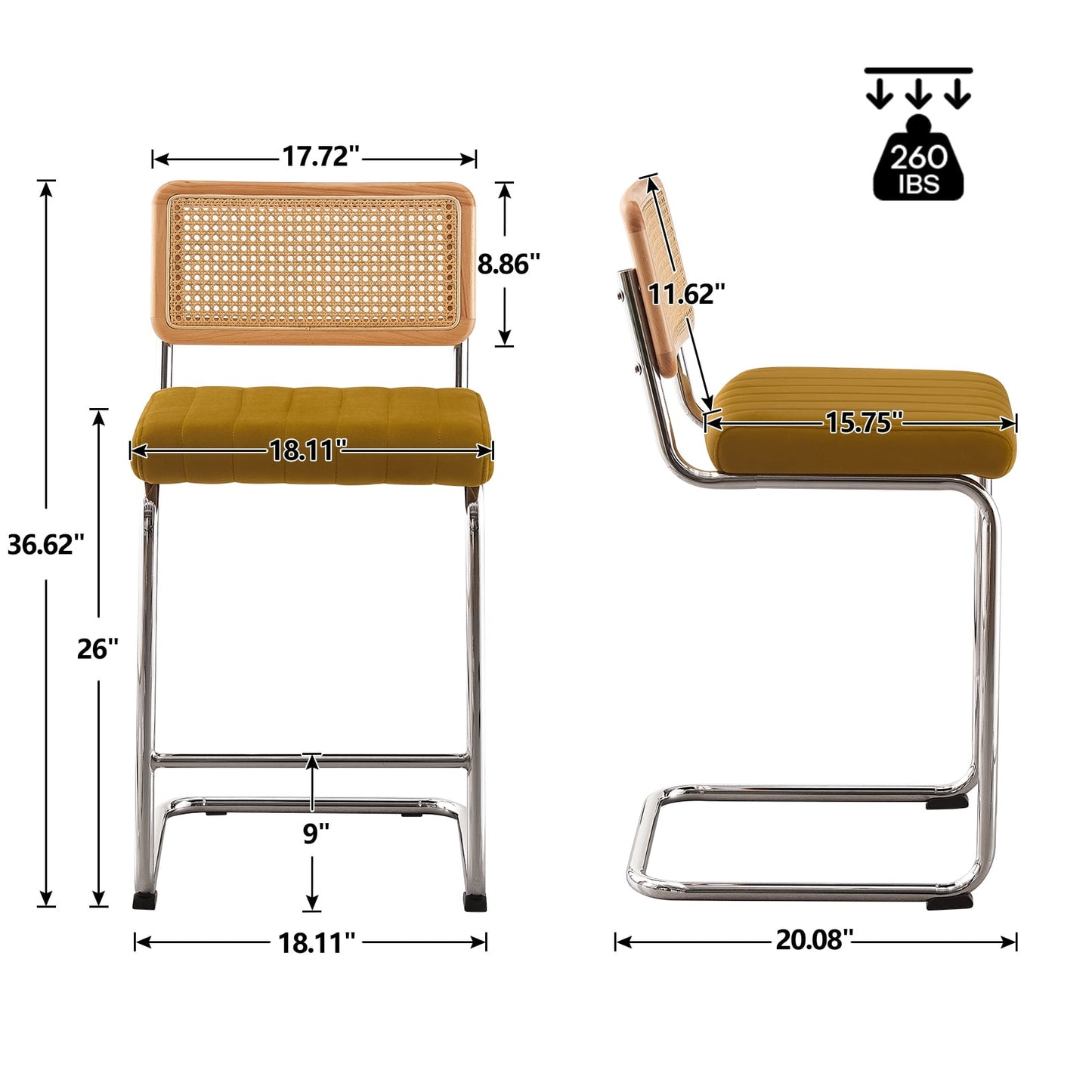 26in Rattan Bar Stools, Set of 2, Rattan Counter Height Velvet Armless Bar Stools with Cane Back for Home Office Kitchen Island